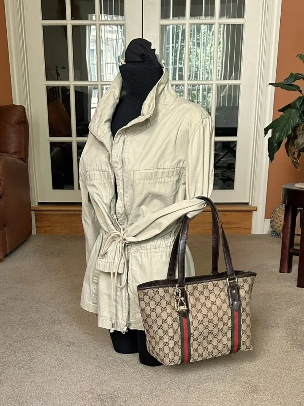 GUGGI GG Supreme Monogram Sherry Web Tote, Tan, Brown